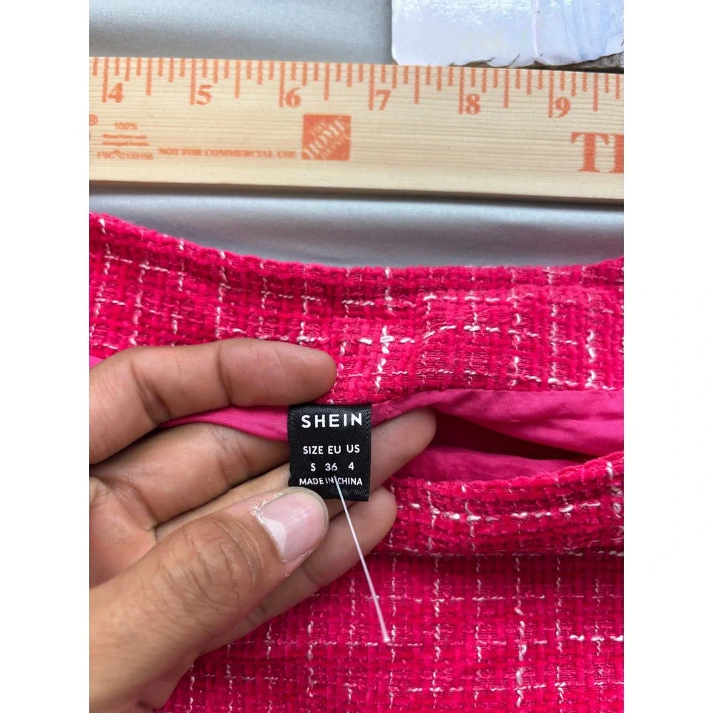 SHEIN Pink Tweed Pleated Mini Skirt High Waisted Preppy Skater Skirt Small